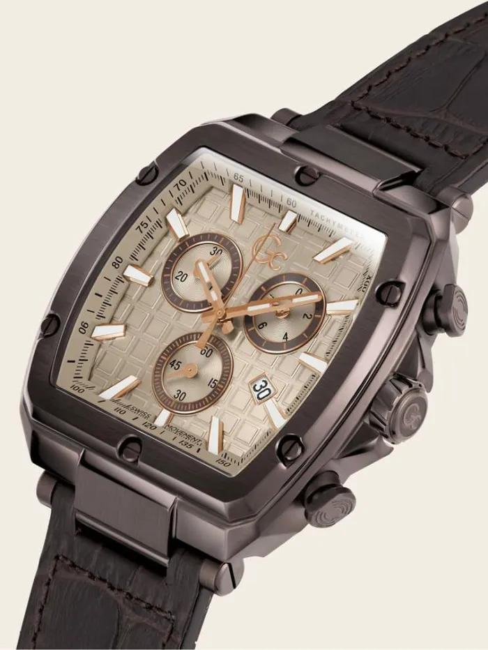 Men Gc Leather Chronograph Watch Brown Guess Watches