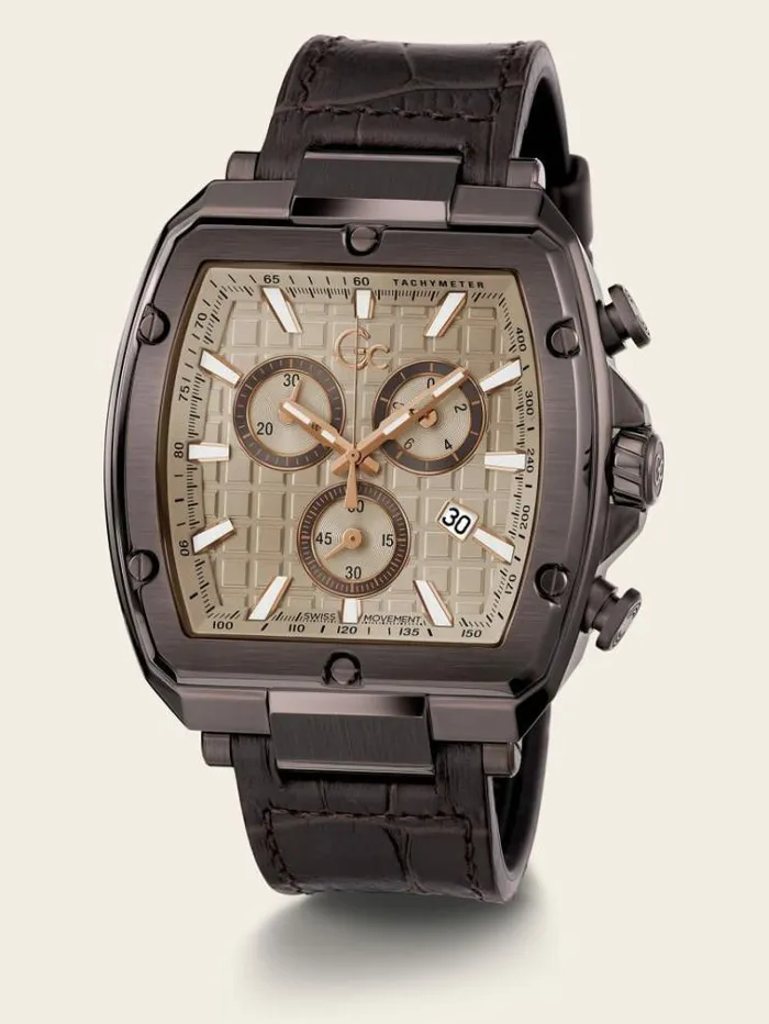 Men Gc Leather Chronograph Watch Brown Guess Watches
