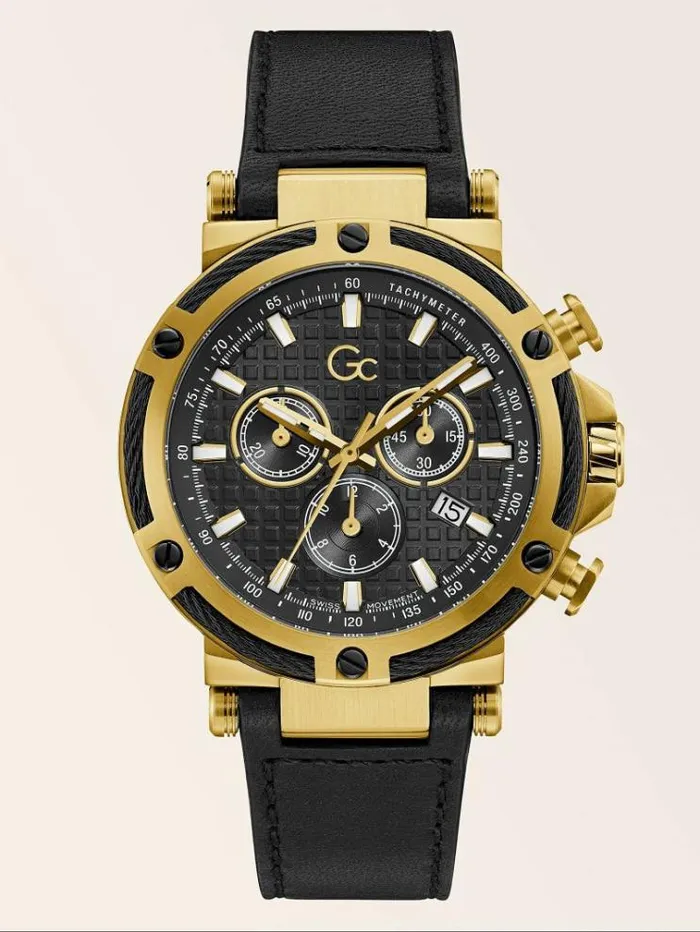 Men Gc Real Leather Chronograph Watch Multi Gold Guess Watches