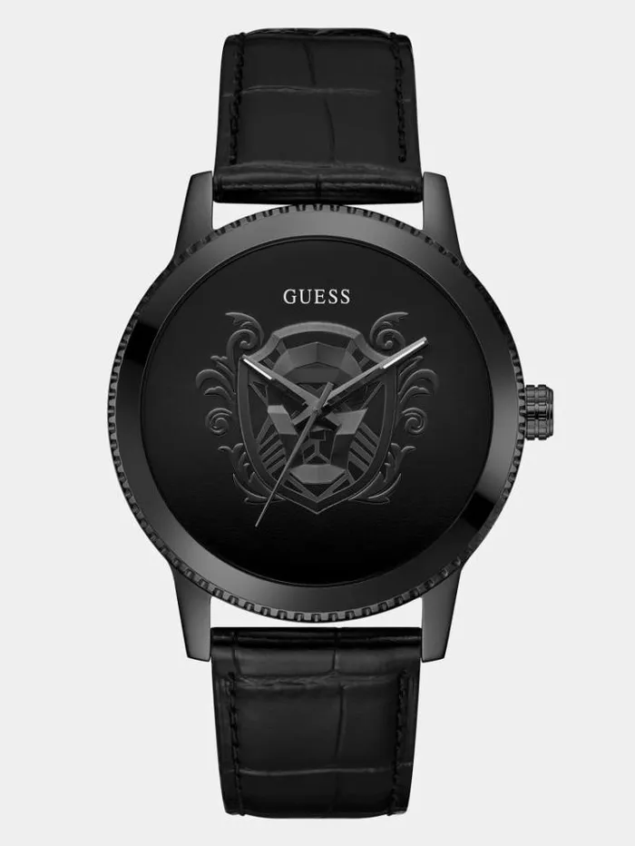 Men Genuine Leather Analogue Watch Black Guess Watches