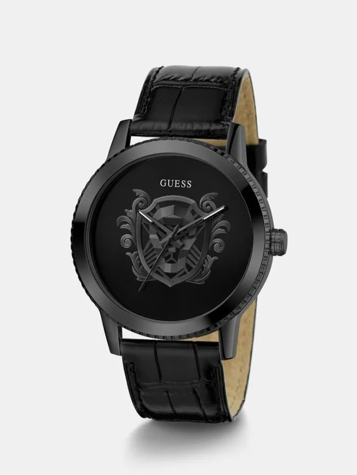 Men Genuine Leather Analogue Watch Black Guess Watches