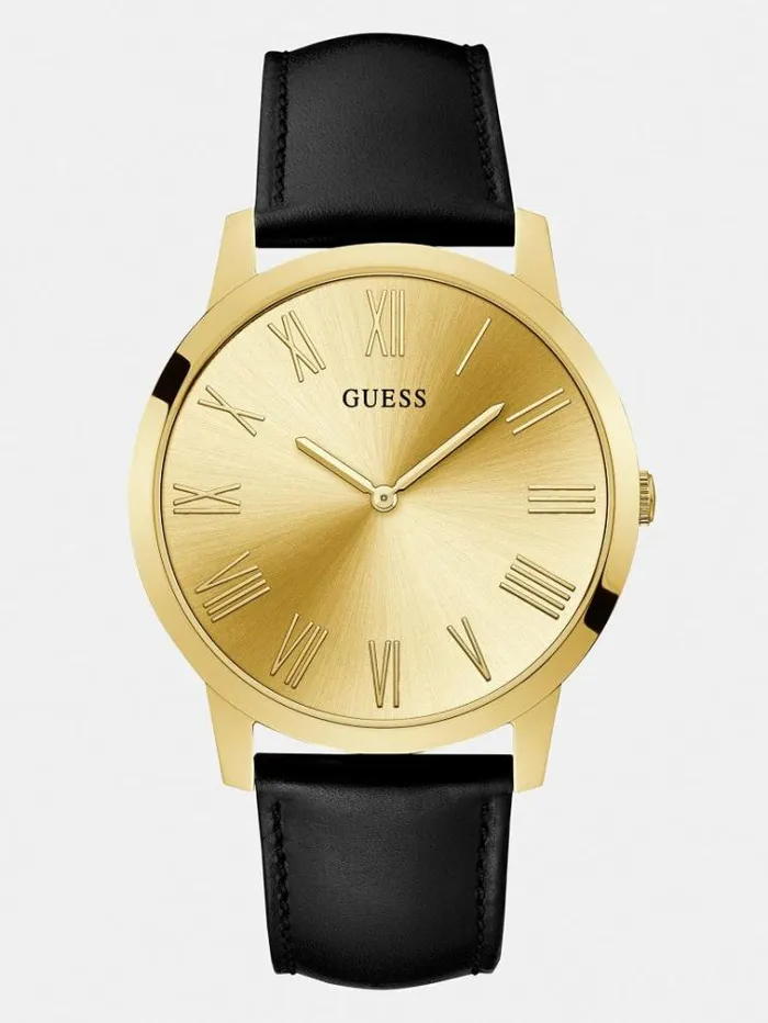 Men Genuine Leather Analogue Watch Gold Guess Watches