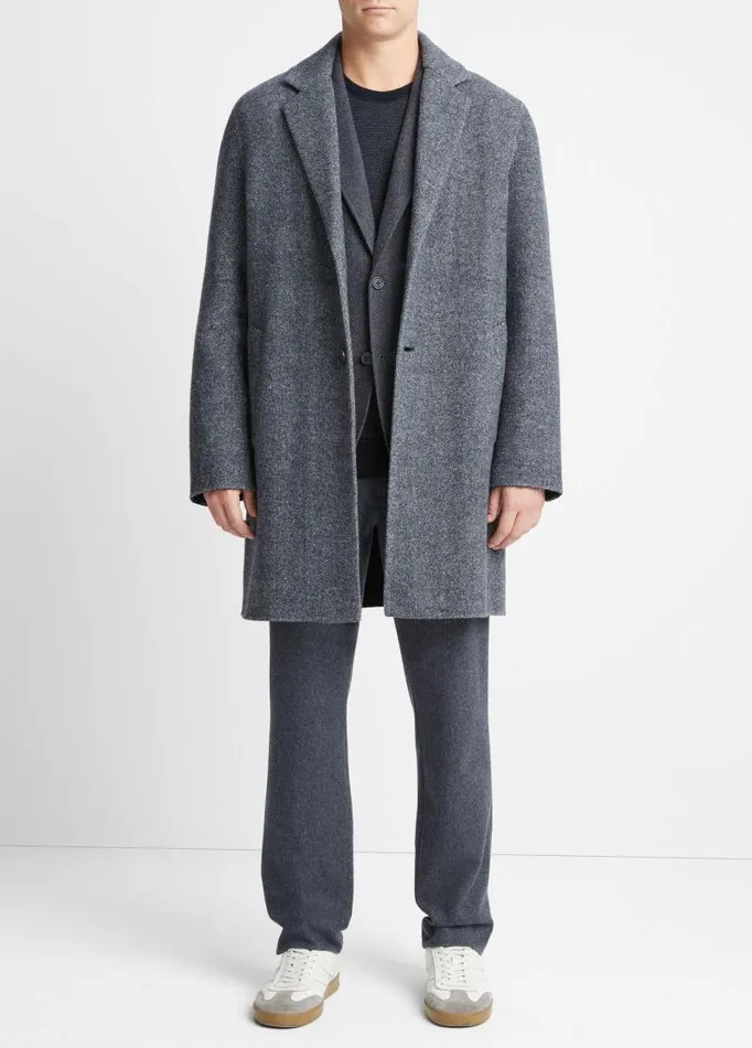Men Jackets and Outerwear Vince Herringbone Splittable Classic Coat Coastal Bluemedium Heather Grey