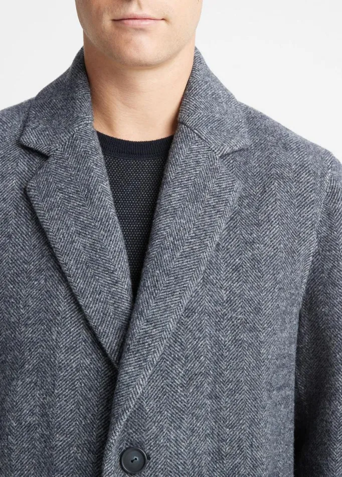 Men Jackets and Outerwear Vince Herringbone Splittable Classic Coat Coastal Bluemedium Heather Grey