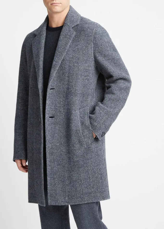 Men Jackets and Outerwear Vince Herringbone Splittable Classic Coat Coastal Bluemedium Heather Grey