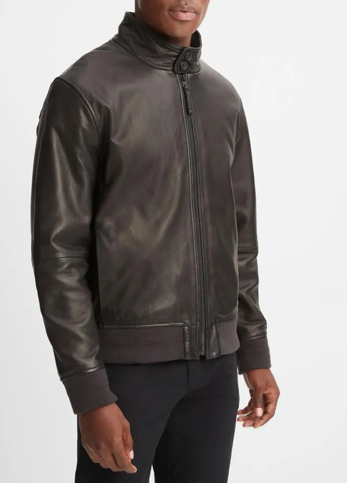 Men Jackets and Outerwear Vince Leather Harrington Bomber Jacket Black
