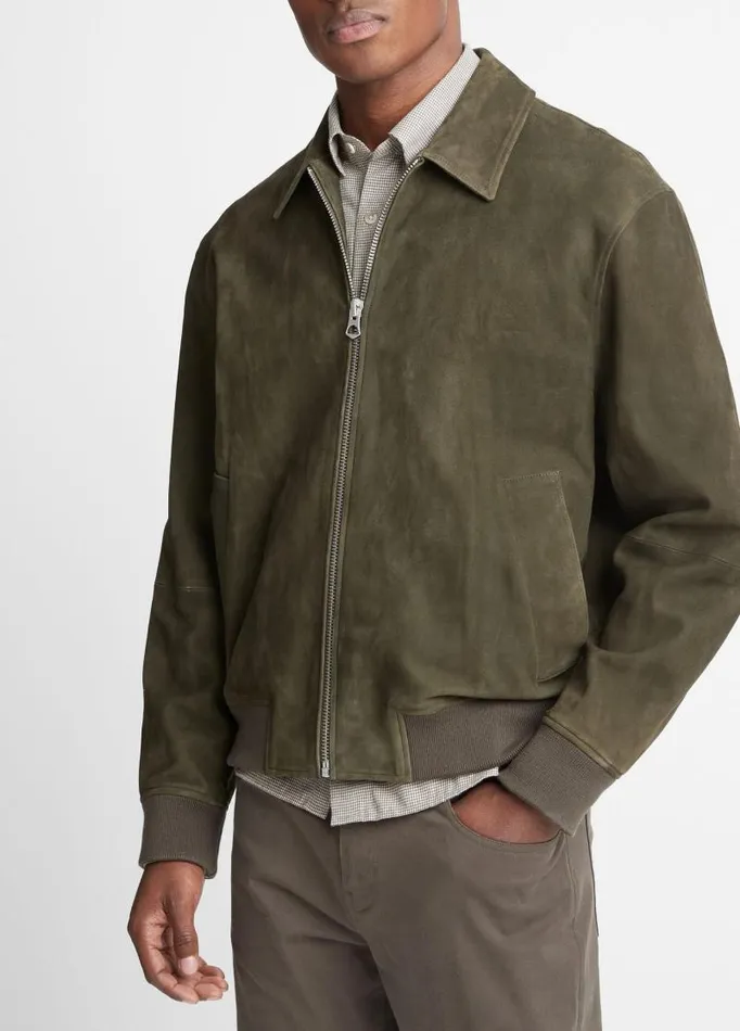 Men Jackets and Outerwear Vince Suede Bomber Jacket Dark Carrillo Green