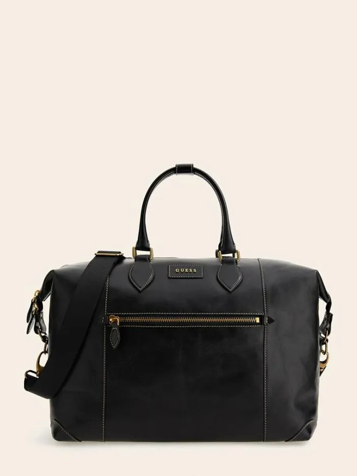 Men Lario Real Leather Large Weekender Bag Black Guess Travel Bags