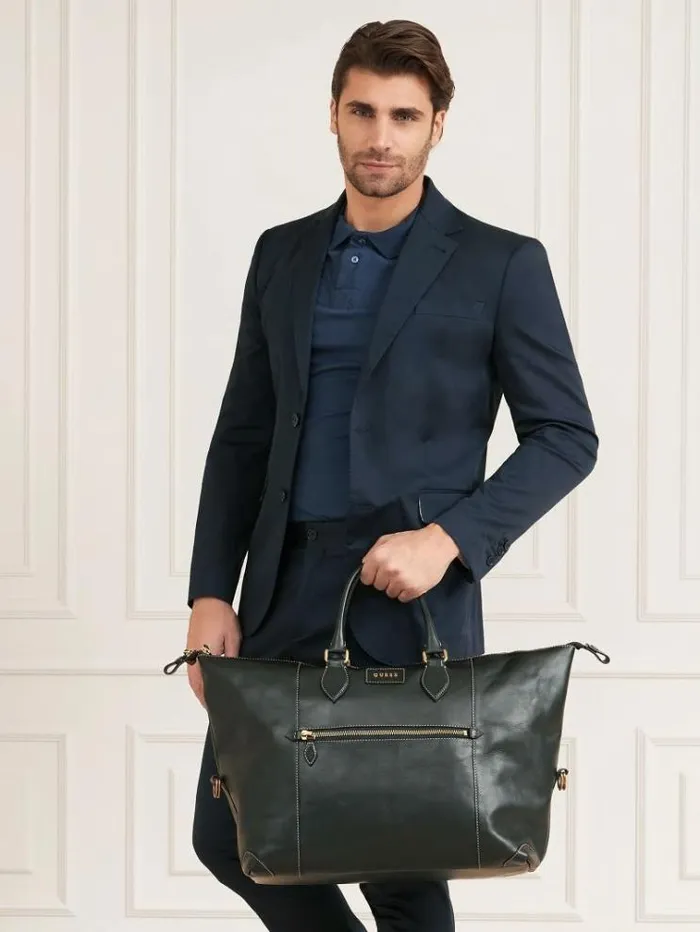 Men Lario Real Leather Large Weekender Bag Black Guess Travel Bags