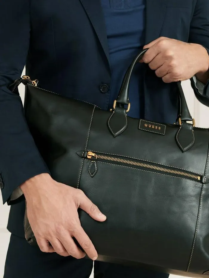 Men Lario Real Leather Large Weekender Bag Black Guess Travel Bags