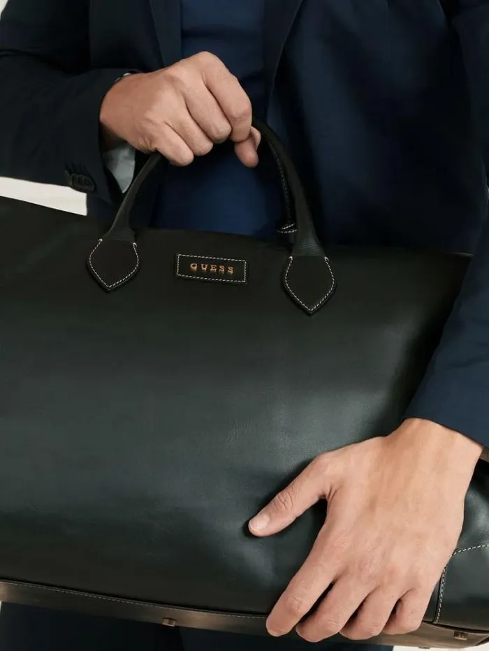 Men Lario Real Leather Weekender Bag Black Guess Travel Bags
