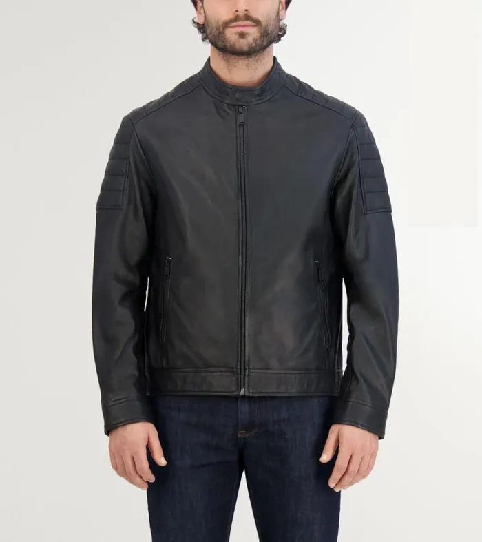 Men Leather Jackets Cole Haan Leather Racer Jacket Black