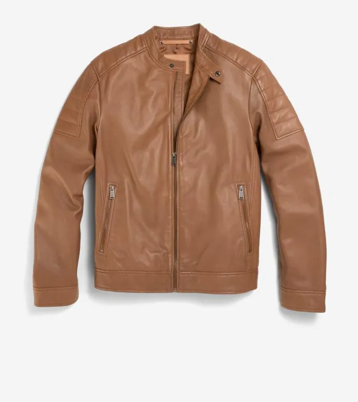 Men Leather Jackets Cole Haan Leather Racer Jacket Camel