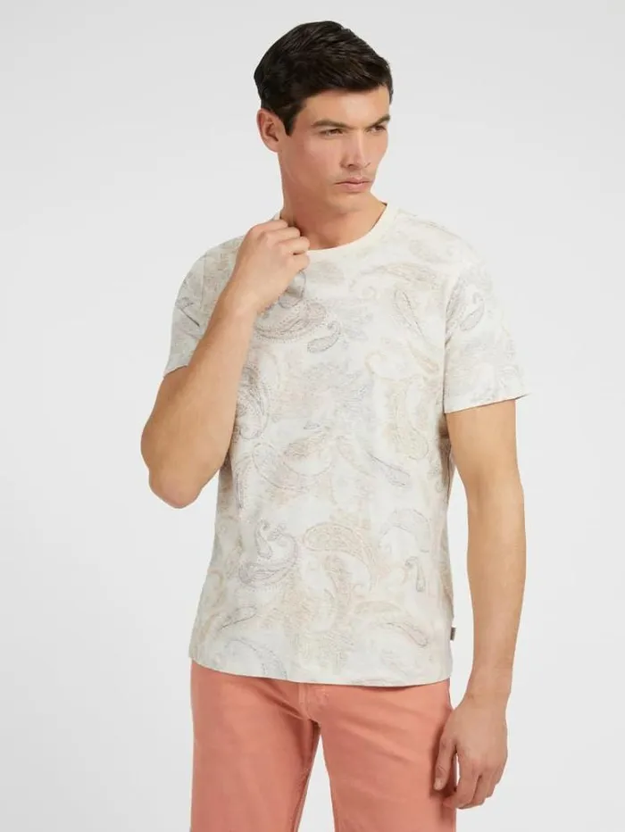 Men Linen Blend Tshirt White Multi Guess Tshirts And Polo Shirts