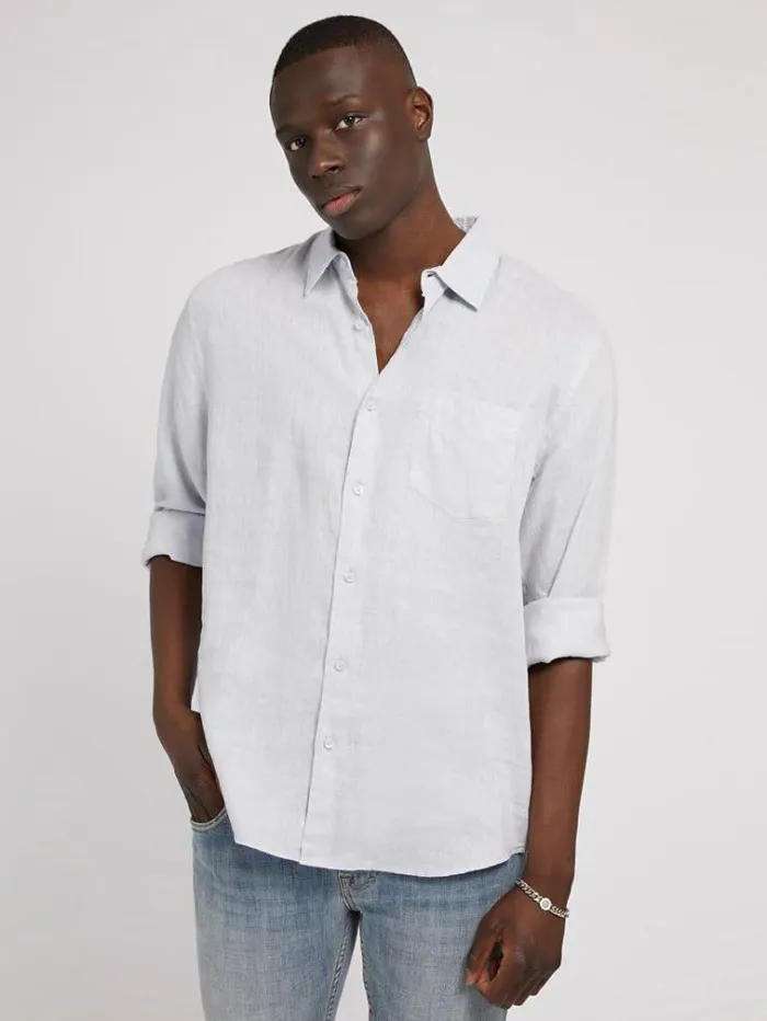 Men Linen Shirt Light Blue Guess Shirts