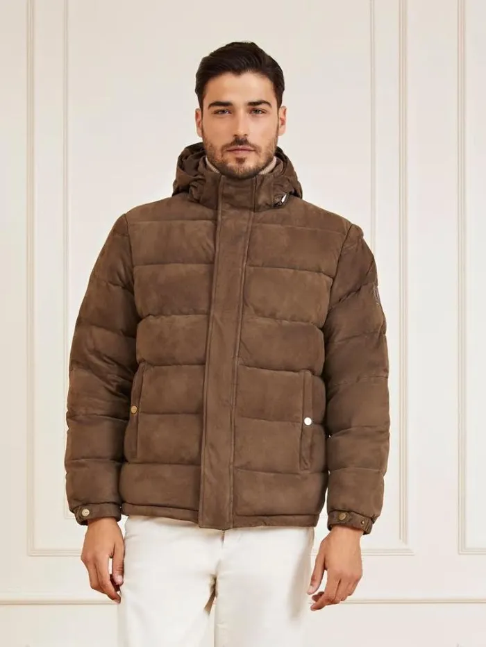 Men Marciano Real Suede Puffer Brown Guess Coats And Jackets