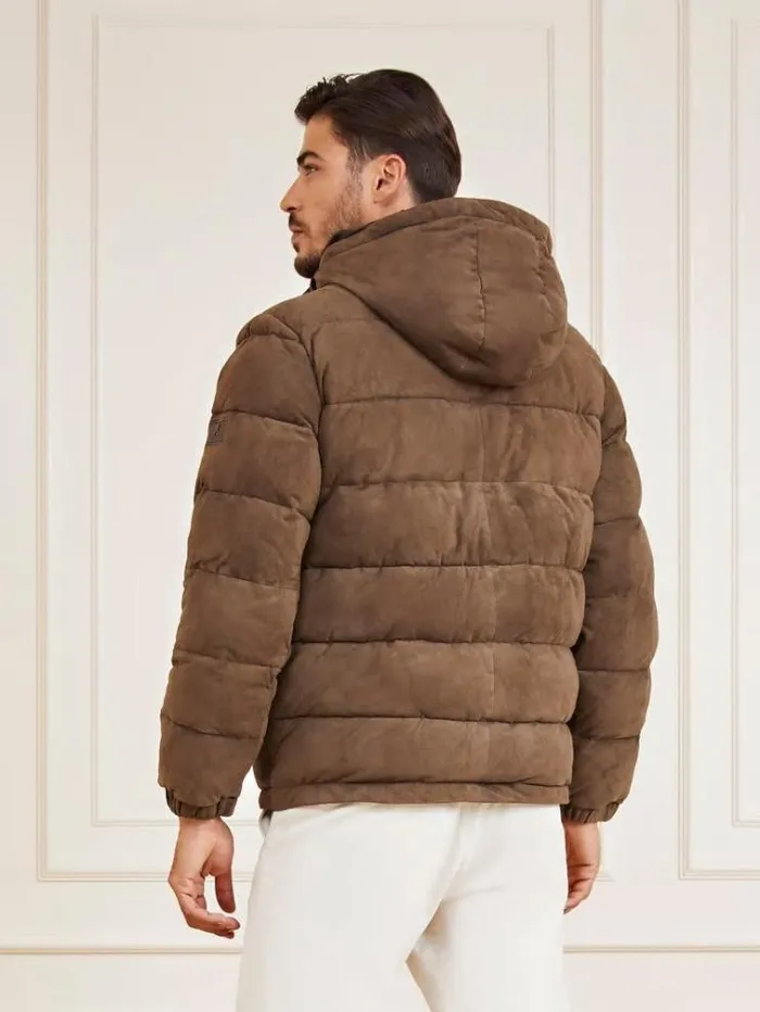 Men Marciano Real Suede Puffer Brown Guess Coats And Jackets