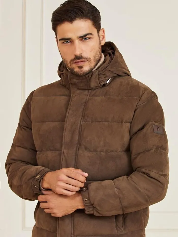 Men Marciano Real Suede Puffer Brown Guess Coats And Jackets