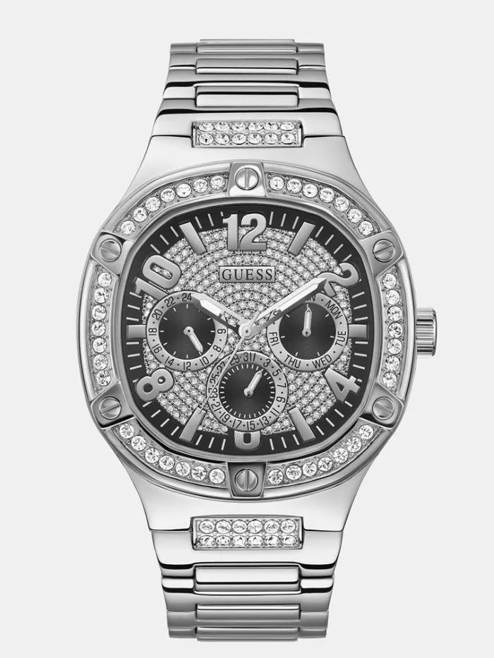 Men Multifunction Crystal Watch Silver Guess Watches
