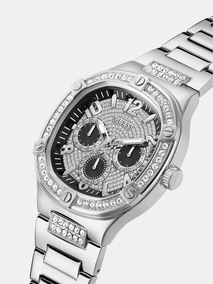 Men Multifunction Crystal Watch Silver Guess Watches
