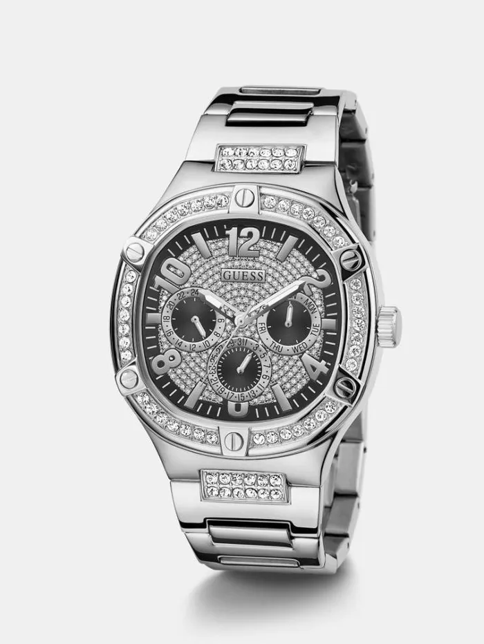 Men Multifunction Crystal Watch Silver Guess Watches