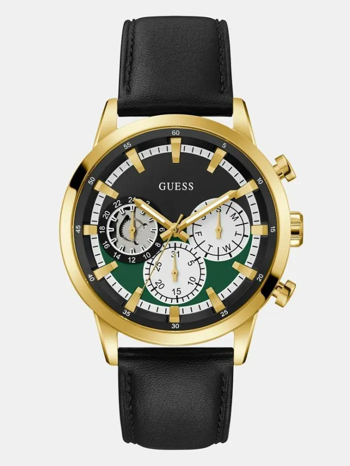 Men Multifunction Genuine Leather Watch Black Guess Watches