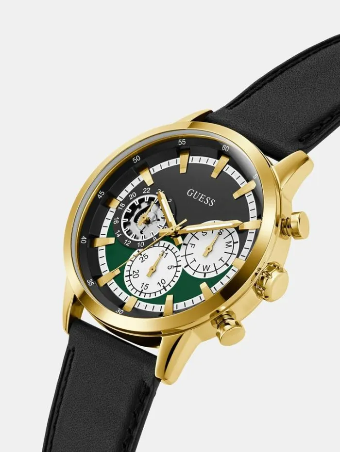 Men Multifunction Genuine Leather Watch Black Guess Watches
