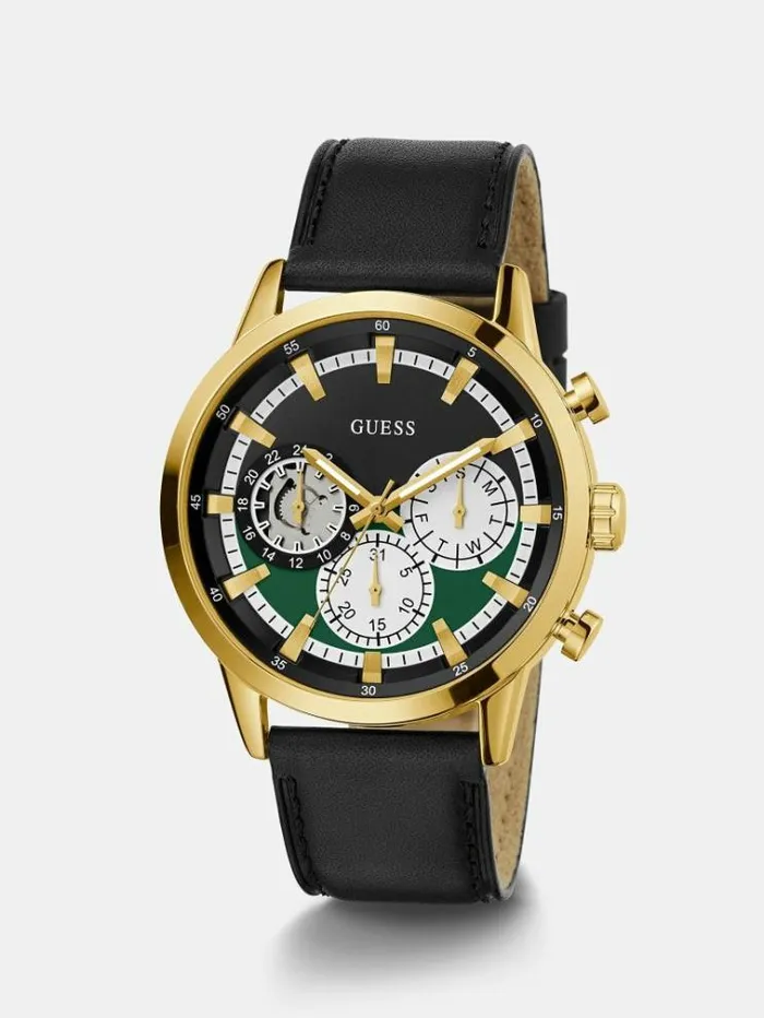 Men Multifunction Genuine Leather Watch Black Guess Watches