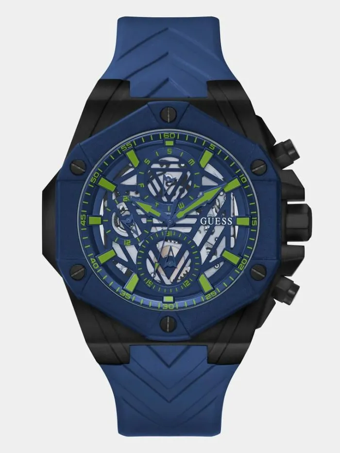 Men Multifunction Silicone Watch Blue Guess Watches