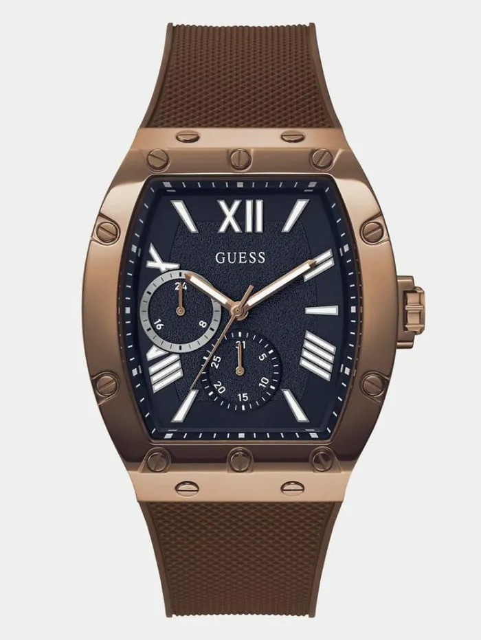 Men Multifunction Silicone Watch Brown Guess Watches
