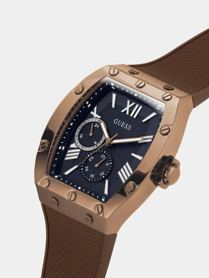 Men Multifunction Silicone Watch Brown Guess Watches