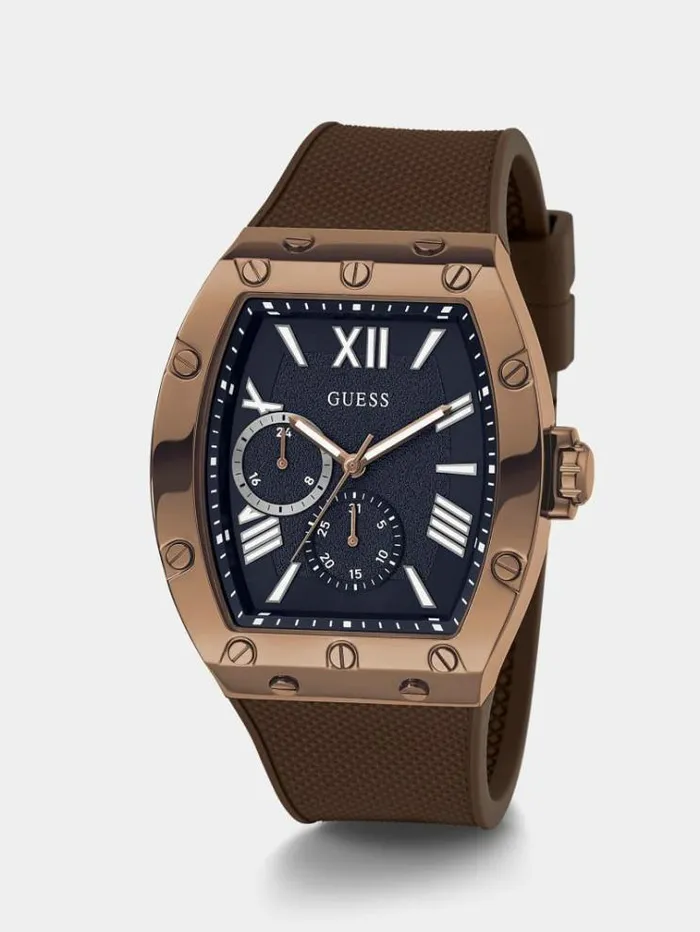 Men Multifunction Silicone Watch Brown Guess Watches