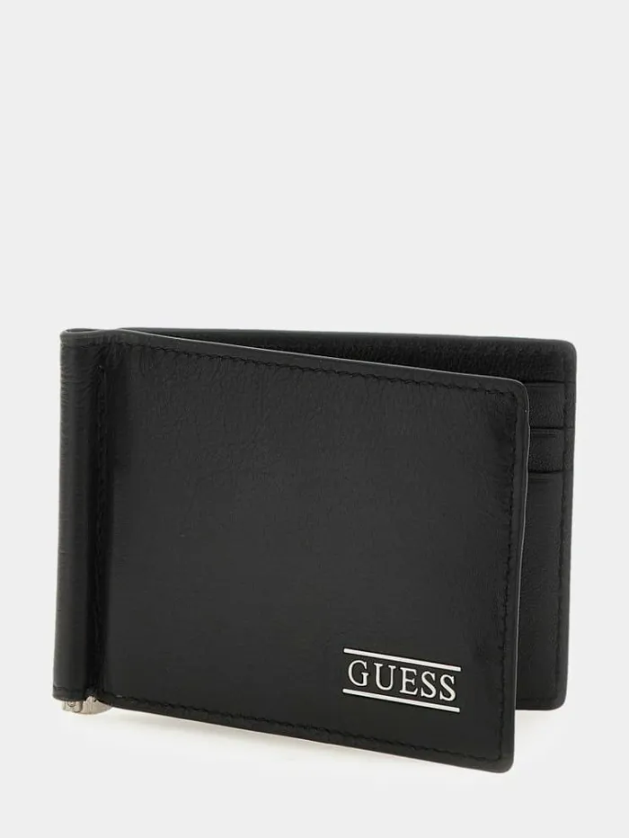 Men New Boston Real Leather Note Clip Black Guess Wallets