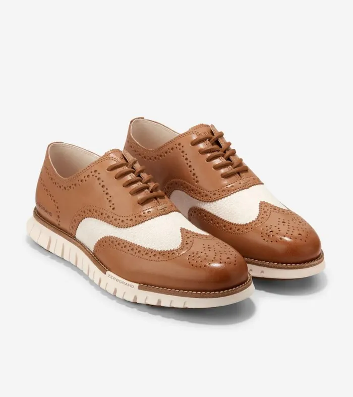 Men Oxfords Cole Haan ZERGRAND Remastered Lined Wingtip Oxfords Pecan Brownnatural Hempivory