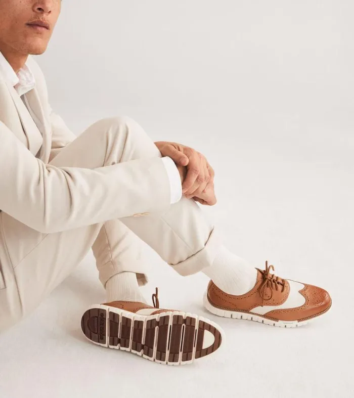 Men Oxfords Cole Haan ZERGRAND Remastered Lined Wingtip Oxfords Pecan Brownnatural Hempivory