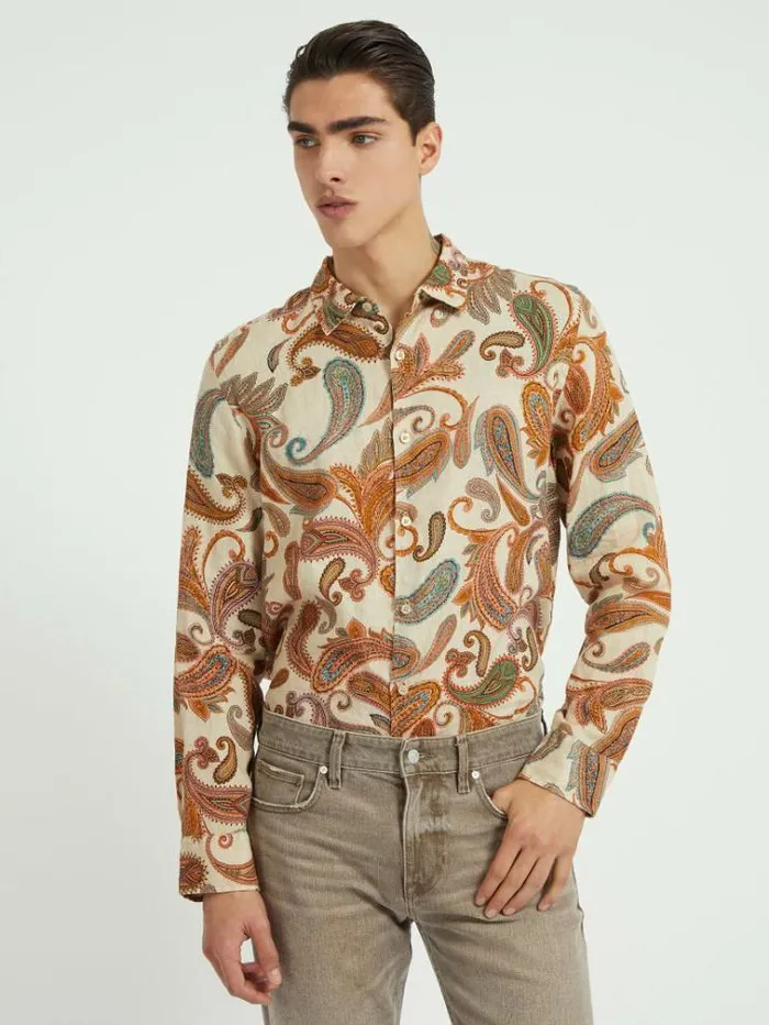 Men Paisley Print Linen Shirt Brown Multi Guess Shirts