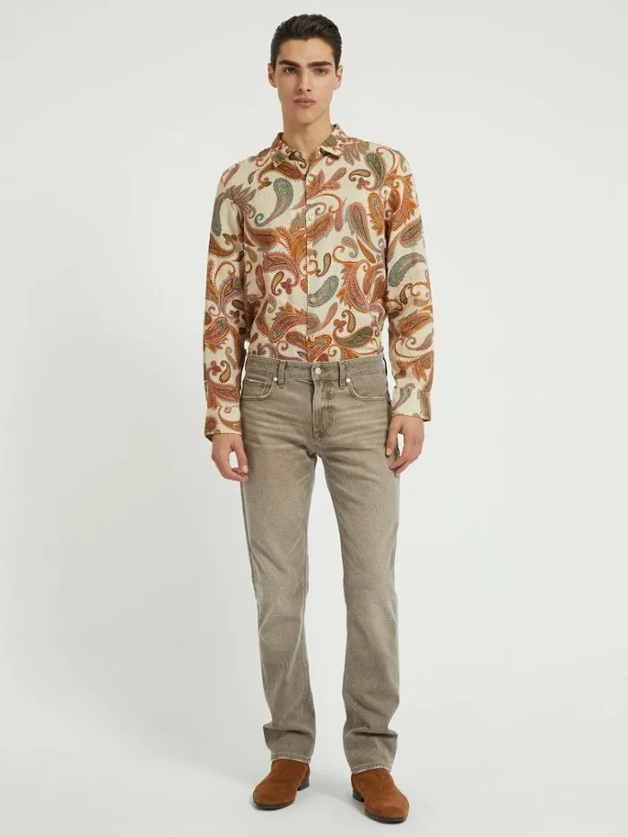 Men Paisley Print Linen Shirt Brown Multi Guess Shirts