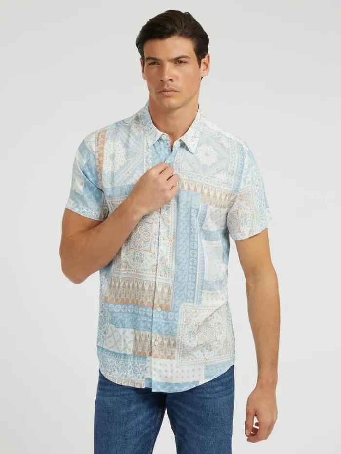 Men Patchwork Print Shirt Blue Multi Guess Shirts