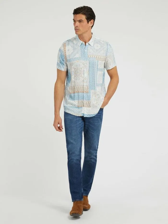 Men Patchwork Print Shirt Blue Multi Guess Shirts
