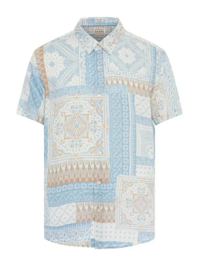 Men Patchwork Print Shirt Blue Multi Guess Shirts
