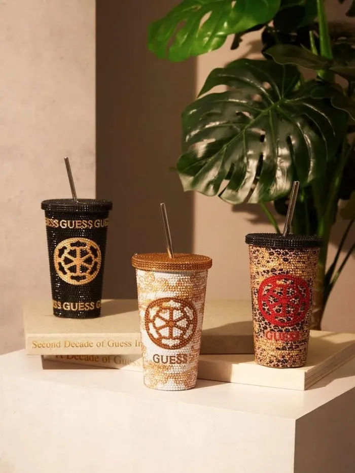 Men Peony Logo Travel Tumbler Cup Black Multi Guess Home Collection