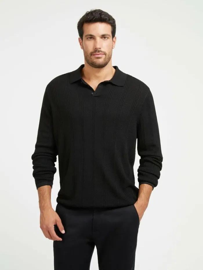 Men Polo Neck Viscose Blend Sweater Black Guess Knitwear And Sweatshirts