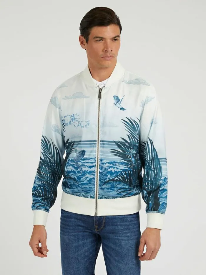 Men Printed Reversible Bomber Jacket Blue Multi Guess Coats And Jackets