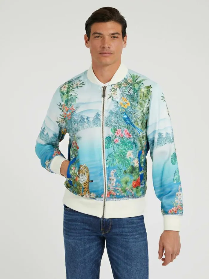 Men Printed Reversible Bomber Jacket Blue Multi Guess Coats And Jackets