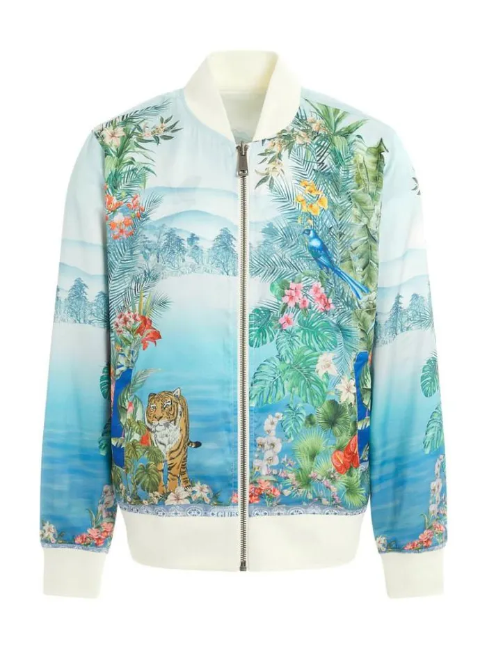 Men Printed Reversible Bomber Jacket Blue Multi Guess Coats And Jackets
