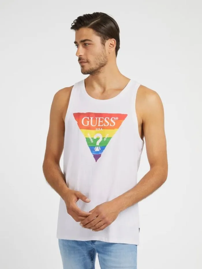 Men Rainbow Triangle Logo Tank Top White Guess Tshirts And Polo Shirts