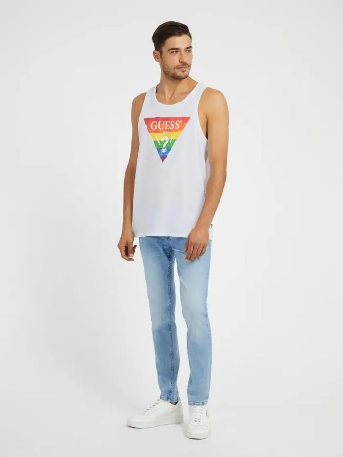 Men Rainbow Triangle Logo Tank Top White Guess Tshirts And Polo Shirts