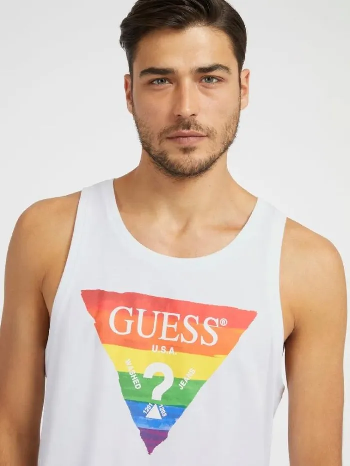 Men Rainbow Triangle Logo Tank Top White Guess Tshirts And Polo Shirts