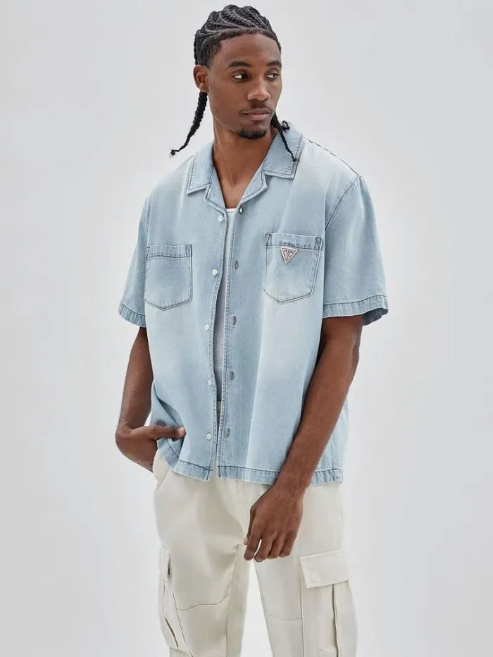 Men Relaxed Denim Shirt Light Blue Guess Shirts