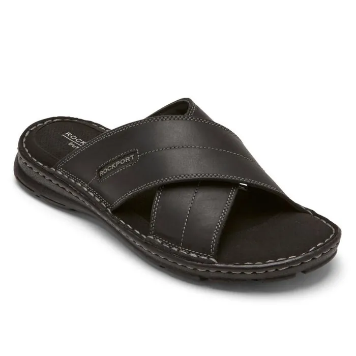 Men Rockport Sandals Darwyn Cross Band Slide Black Leather Ii